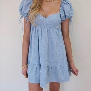 Blue Striped Puff Sleeve Dress